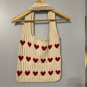 Chunky Knit Heart Tote Bag – Cream & Red – Handmade Look